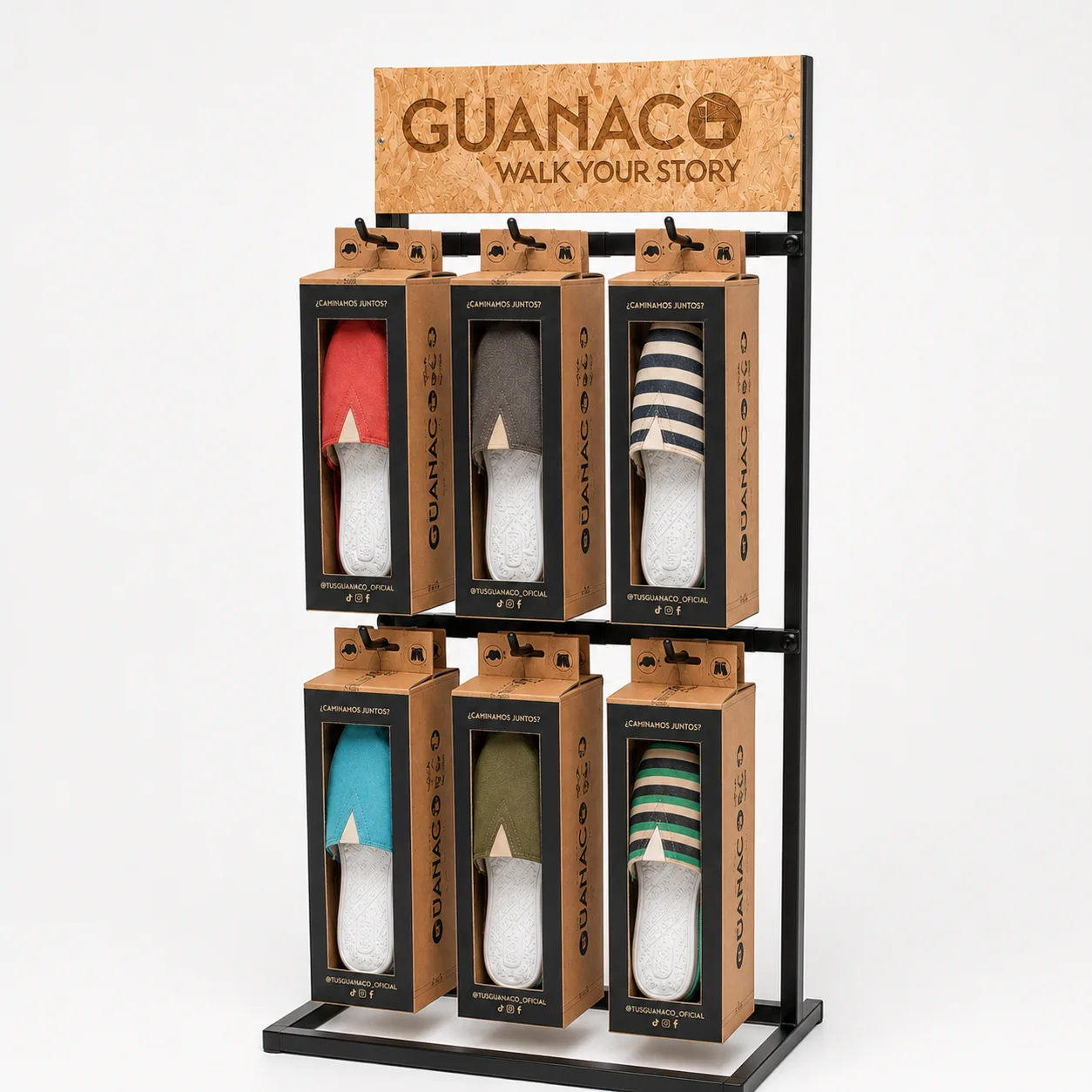 Exhibidor Alpargatas GUANACO (madera/caño metálico 24/30 ps)